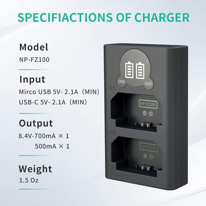 L & P NP-FZ100 Camera Battery Charger, Dual USB Charger with LCD Display, Compatible with Sony A7iii, A7iv, A7C, A6700, A6600, ZV-E1, ZV-E10ii, FX3, FX30, A9, Alpha 9, Alpha 9S, A9S, A7R3, A7R4 Camera - Image 5